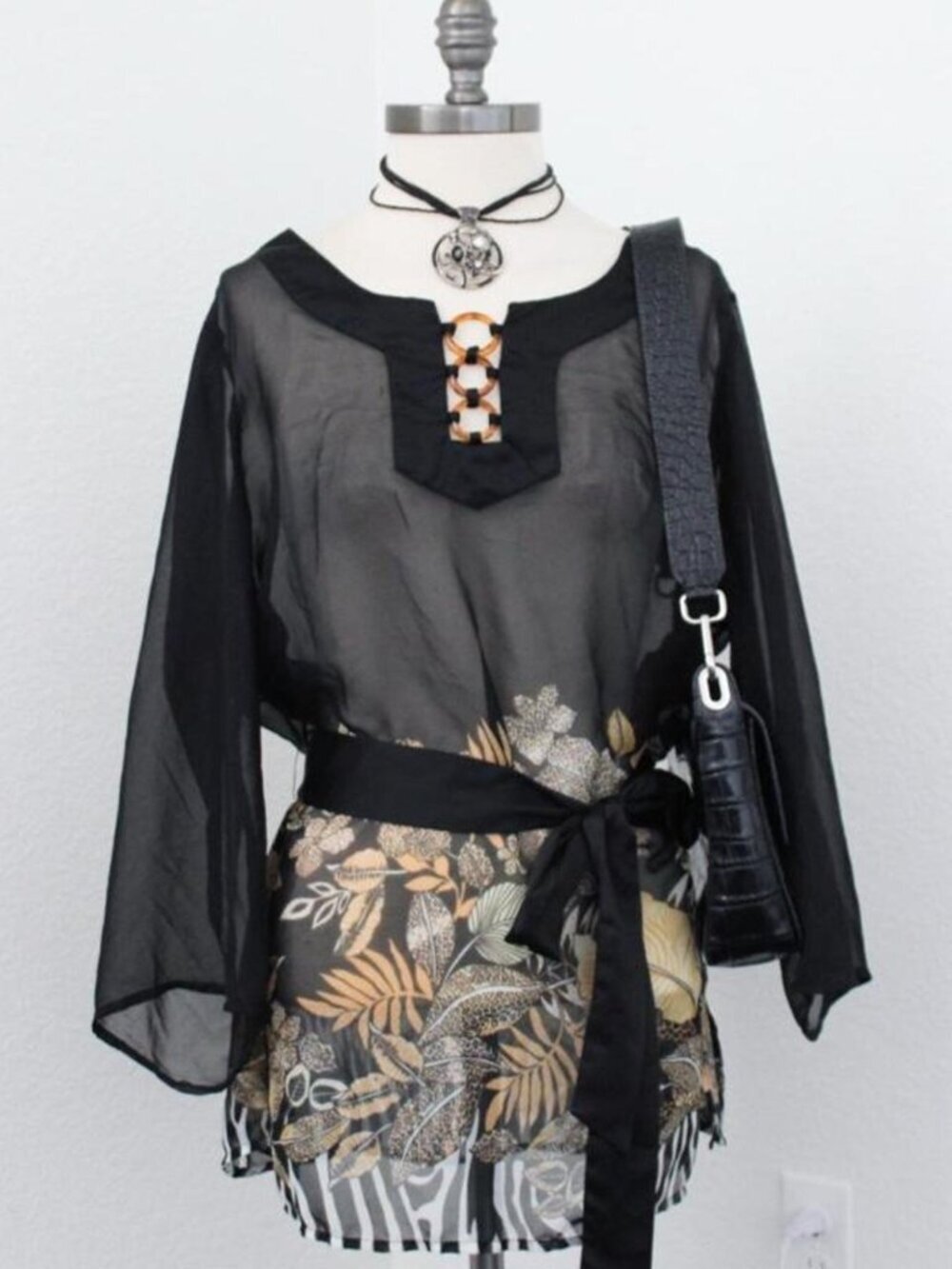 Y2k vintage sheer top with animal print and waist tie detail